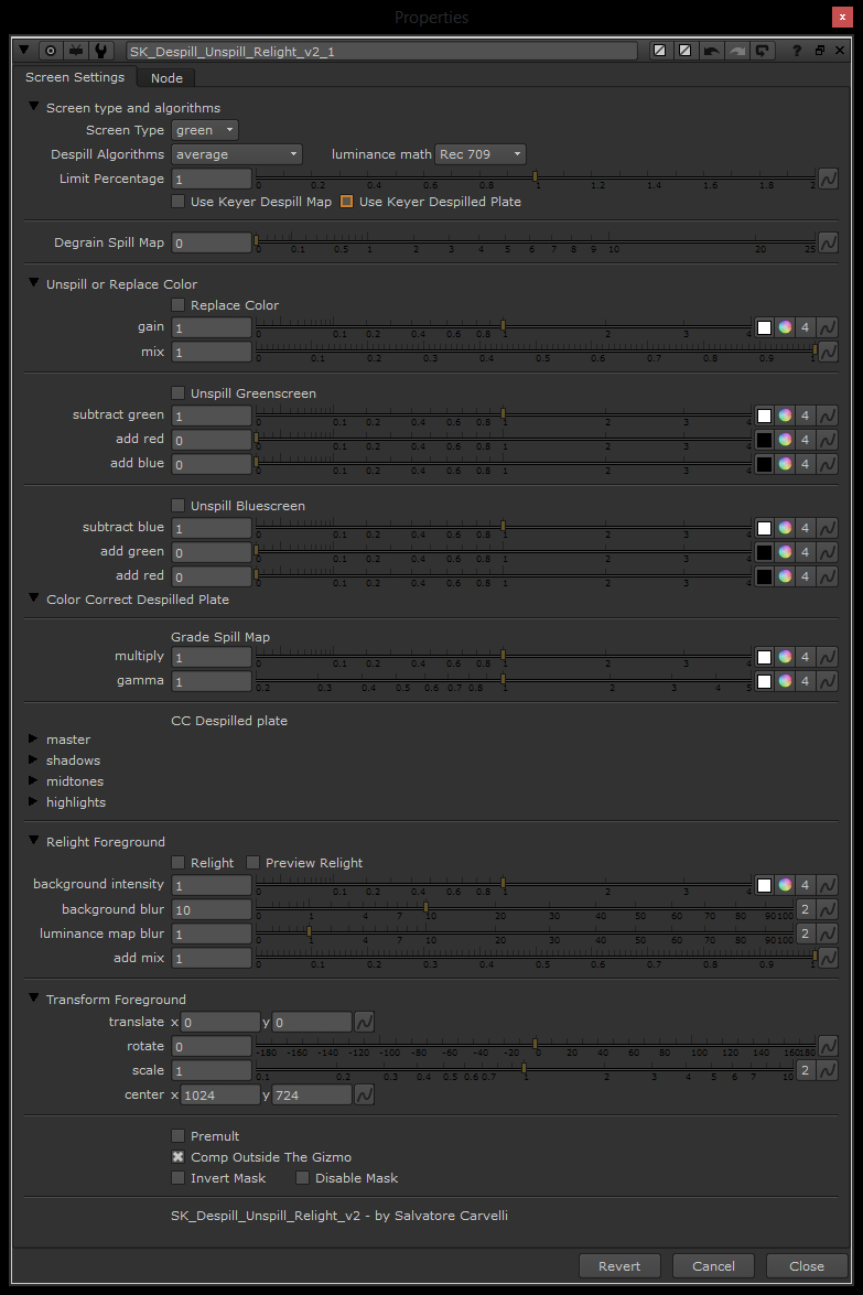 despill unspill relight v2 settings