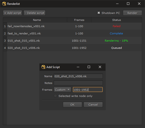 renderlist mainwindow comp