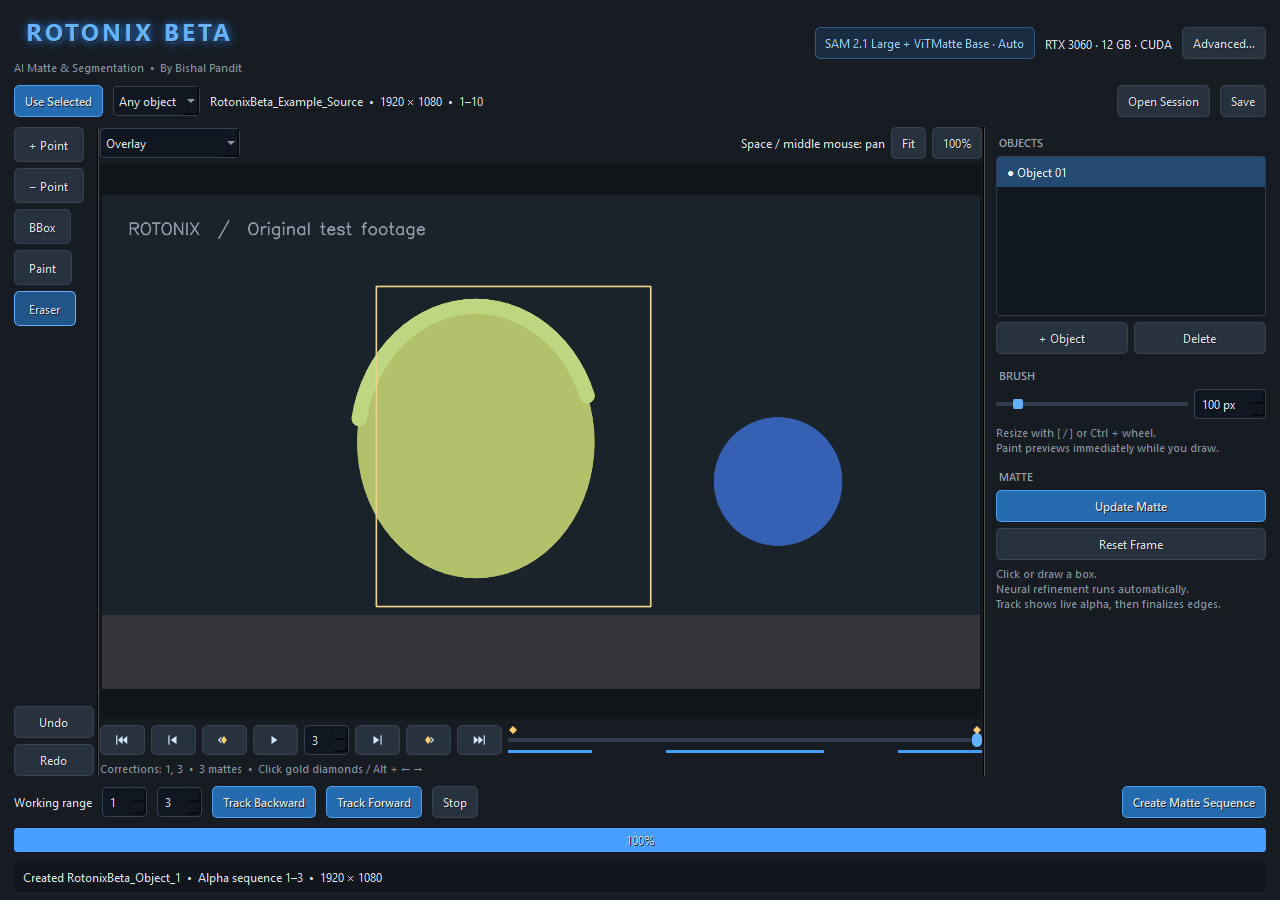ROTONIX beta interface with original synthetic test footage